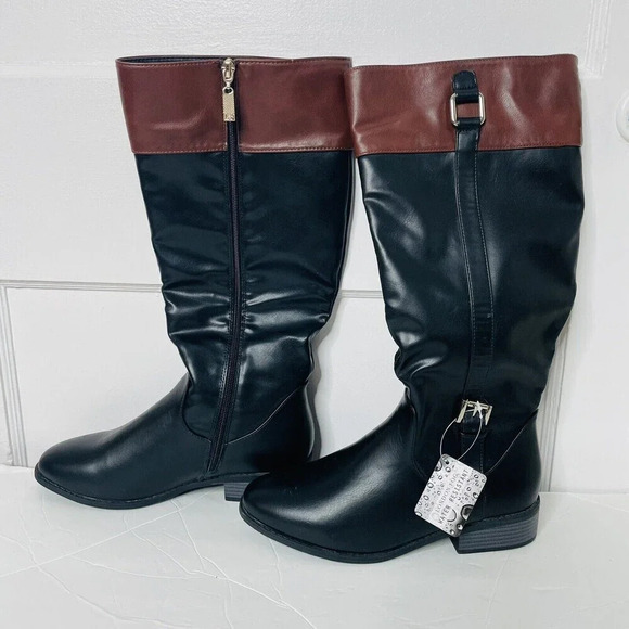London Fog Water Resistant Knee High Zip Up Boots 8M Womens Black Brown NWT - Picture 1 of 16